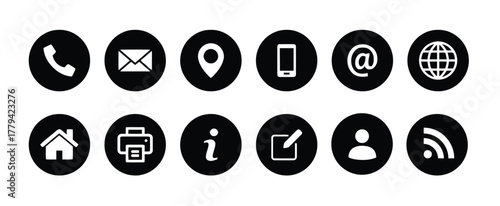 phone, telephone, mail, envelope, email, location, pin, map, marker, mobile, smartphone, cell phone, at symbol, internet, globe, world, home, house, printer, fax, information, info, i symbol, edit, pe