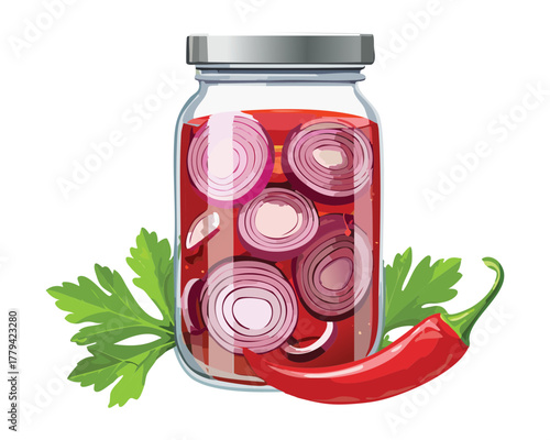 Elegant graphic of sliced red onions pickled in a transparent container, garnished with fresh parsley and a sprig of chili on the counter - Vector Illustration