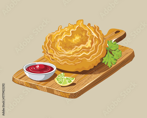 Crispy deep-fried onion fritter or pakora on a wooden cutting board served with a small bowl of tangy dipping sauce and lime wedge - Vector Illustration