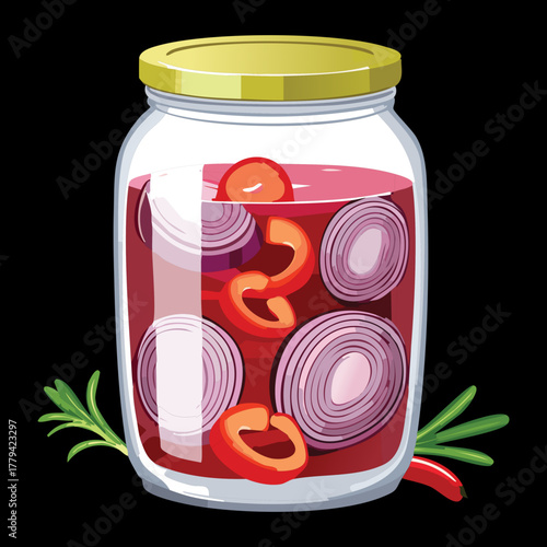 Homemade pickled red onions and chili peppers preserved in a clear glass jar for cooking preparation and gourmet use - Vector Illustration