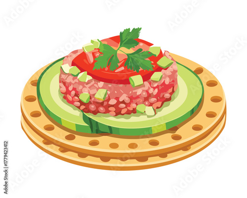 Finely chopped tomato and cucumber mixture, seasoned with herbs and spices, presented on a round flatbread for a light, healthy snack - Vector Illustration
