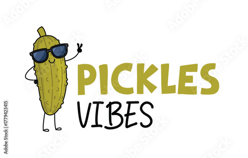 Pickles Vibes funny pickle character in sunglasses. Cute pickled cucumber character design. Food vector illustration