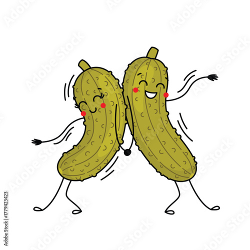 Pickles couple in love dance. Cute pickled cucumbers characters dancing. Funny vegetables characters design. Food vector illustration
