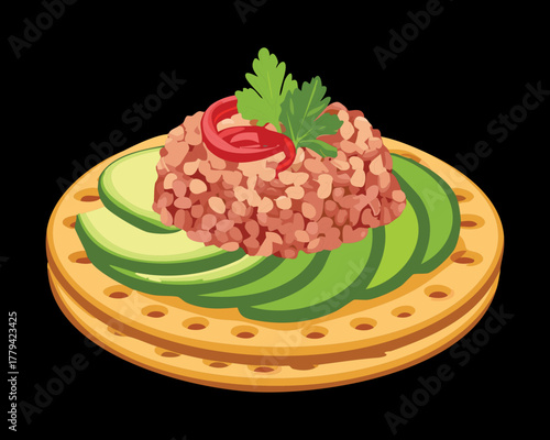 Fresh avocado and cucumber salad, finely chopped and seasoned, served on a crisp round cracker or flatbread as an elegant starter - Vector Illustration