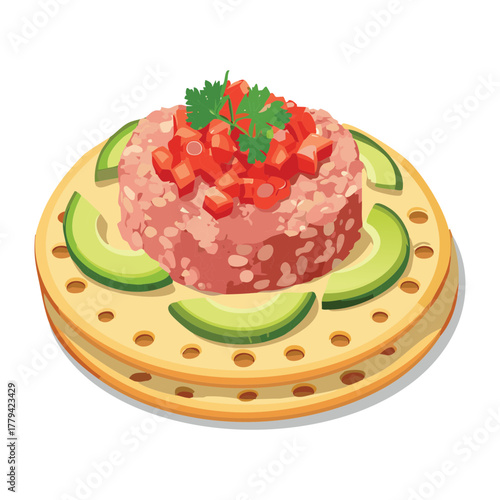 Savory chopped vegetable and tomato mixture, layered over a round flatbread or tortilla, creating a fresh and vibrant appetizer - Vector Illustration