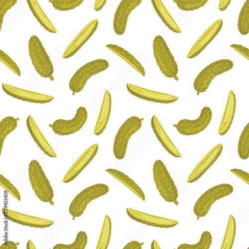 Pickles seamless pattern. Various pickled cucumbers and cucumber slices on white background. Fermentation of vegetables. Food vector illustration