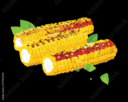 Three golden pieces of perfectly grilled corn on the cob, simply seasoned and ready to be enjoyed as a summer barbecue side - Vector Illustration