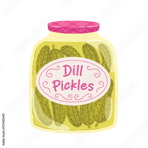 Dill Pickles jar. Pickled cucumbers in a glass jar. Fermentation of vegetables. Food vector illustration isolated on white background.