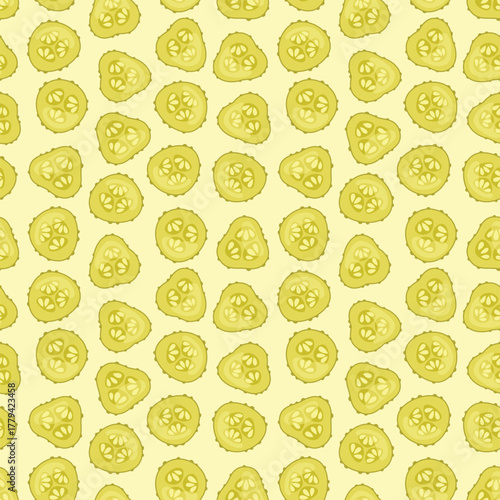 Pickles slices seamless pattern. Pickled cucumber round slices on white background. Fermentation of vegetables. Food vector illustration
