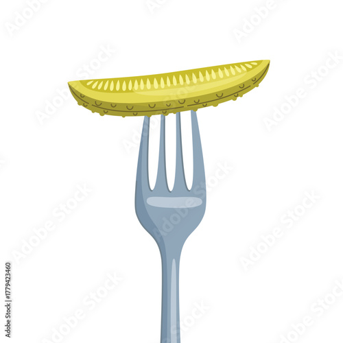 Pickle slice on a fork. Pickled cucumber appetizer. Fermentation of vegetables. Food vector illustration isolated on white background.