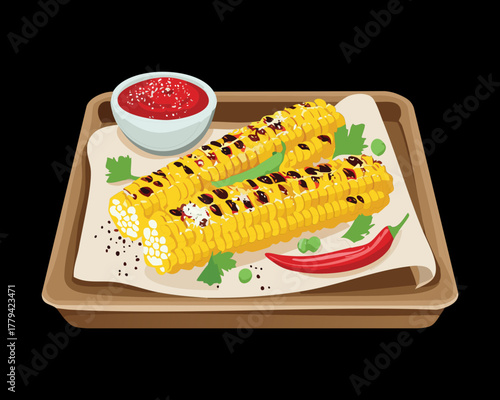 Grilled corn on the cob, beautifully charred, seasoned, and served on a rectangular plate with a side of red dipping sauce - Vector Illustration