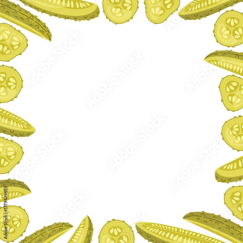 Pickles square frame. Pickled cucumbers border. Fermented vegetables decoration. Food vector illustration isolated on white background.