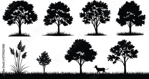 Tree, Grass, Plant, Nature, Forest, Landscape, Outdoor, Dog, Animal, Wildlife, Environment, Silhouette, Vector, Design, Illustration