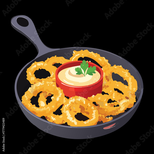Crispy golden onion rings, lightly fried and piled high in a black cast iron skillet, a popular American side dish or snack - Vector Illustration