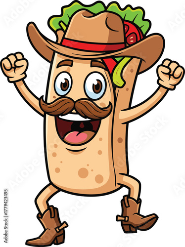 Cartoon burrito cowboy character, funny Mexican food mascot, vector illustration, anthropomorphic tortilla wrap, fiesta celebration design, cad drawing flat vector illustration