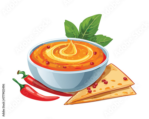 Savory creamy dip, perhaps hummus or a spiced cheese sauce, garnished with fresh basil and red chili peppers, served with flatbread - Vector Illustration