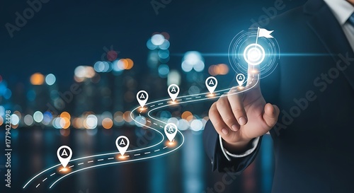 Businessman pointing at a glowing target on a futuristic city map