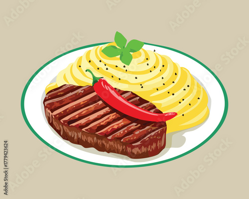 Succulent grilled steak, perfectly seared and sliced, served with a generous helping of creamy mashed potatoes and a sprig of parsley - Vector Illustration