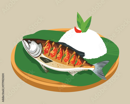 Grilled whole fish served on a green plate next to a mound of white rice, accompanied by a small bowl of spicy dipping sauce - Vector Illustration
