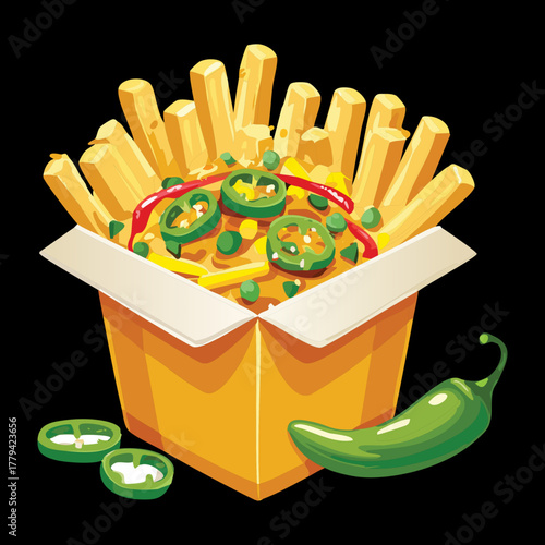 Golden french fries with a sprinkle of spicy seasonings and jalapeño slices, presented in a colorful fast-food style container - Vector Illustration