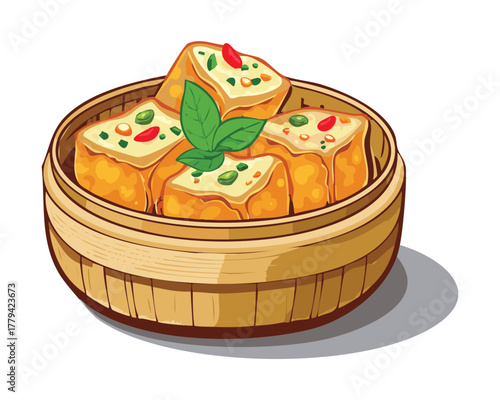 Steamed tofu cubes drizzled with a savory sauce and garnished with fresh green herbs, presented in a traditional bamboo steamer - Vector Illustration