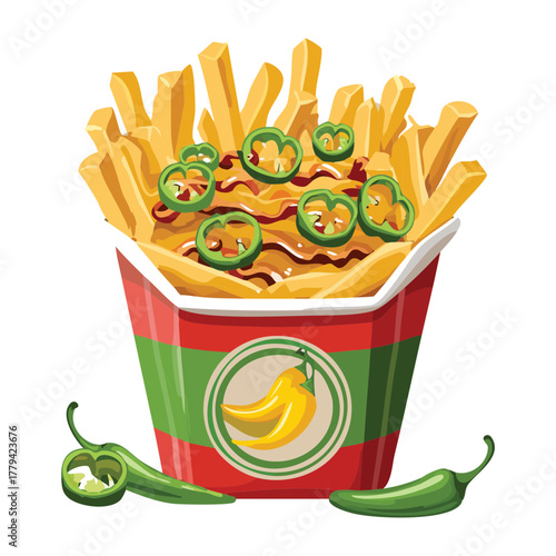 Crispy french fries seasoned with chopped jalapeños and herbs, served in a festive paper cone or box, a spicy twist on a classic snack - Vector Illustration