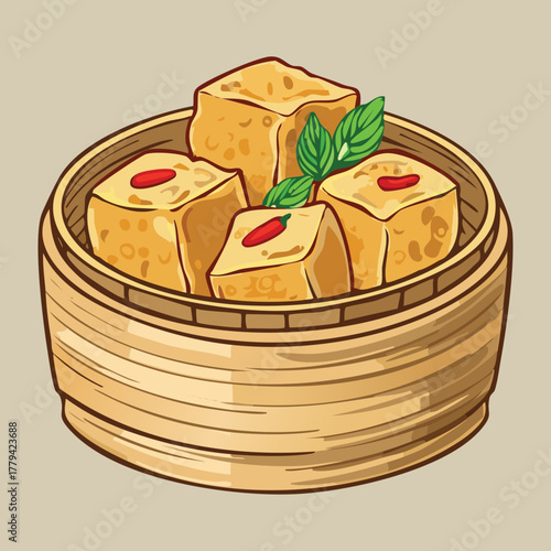 A serving of soft white tofu cubes, gently steamed in a classic bamboo basket, representing a light and protein-rich East Asian dish - Vector Illustration