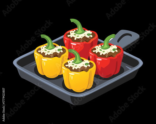 Brightly colored bell peppers, red and yellow, stuffed with a cheesy mixture and baked on a black tray, a flavorful and appealing appetizer - Vector Illustration