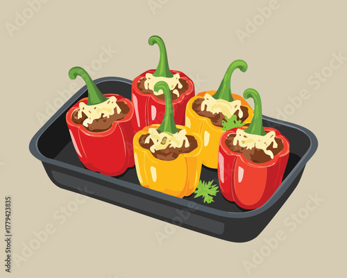 Colorful tray of mini bell peppers, stuffed with a hearty savory filling and topped with melted cheese, ready for baking or serving - Vector Illustration