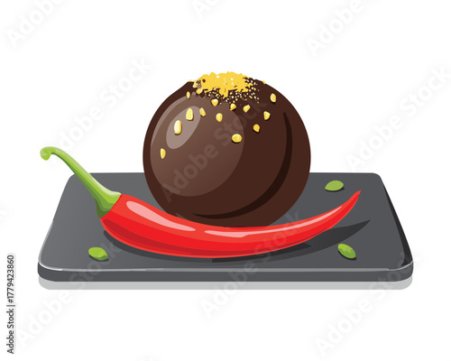 A unique, round, dark savory truffle-like ball, garnished with a fresh green herb sprig and a hot red chili pepper, symbolizing an intense flavor - Vector Illustration