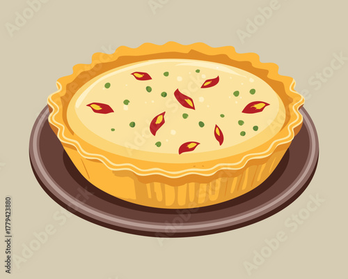 Individual portion of a golden, flaky crust quiche or savory tart, perfectly baked and served on a rustic dark ceramic plate, ready to be enjoyed - Vector Illustration