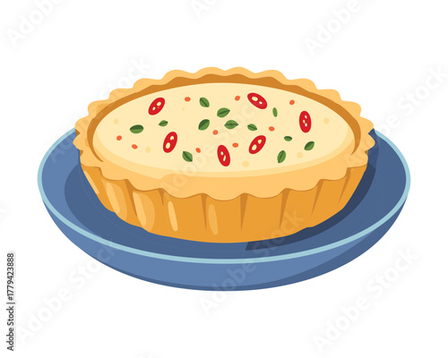 A whole, beautifully baked savory quiche or tart with a golden brown crust, filled with a delicious egg, cream, and vegetable mixture, on a blue plate - Vector Illustration