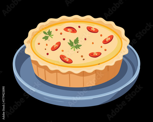 Individual slice of a savory tart or quiche, featuring a golden, flaky crust and a rich egg-and-cheese filling, served on a classic blue ceramic plate - Vector Illustration