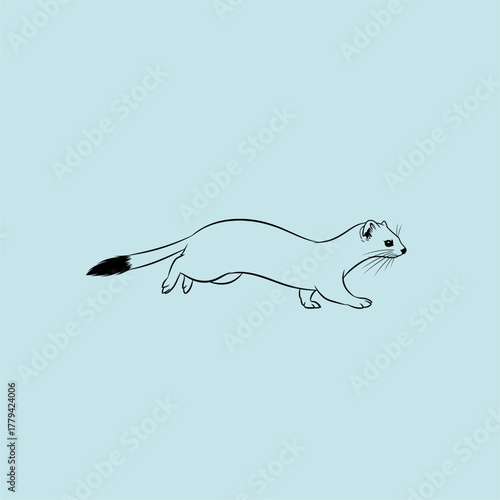 Illustration of a sleek, agile weasel running across a light blue background, showcasing its grace and speed