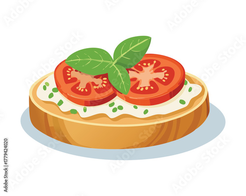 A simple yet classic Italian bruschetta with sliced garden-fresh tomatoes, creamy ricotta cheese, and bright green basil garnish on toasted artisanal bread - Vector Illustration