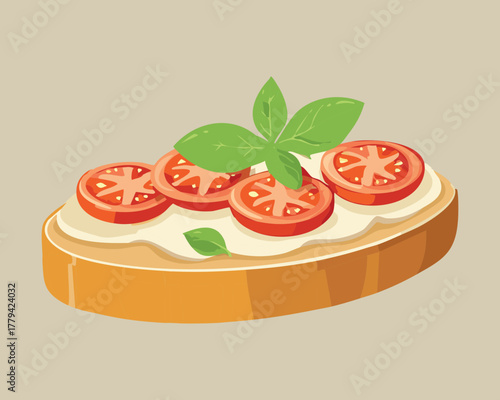 Delicious bruschetta appetizer with fresh cream cheese, ripe red tomato slices, and fragrant basil leaves on toasted bread - Vector Illustration