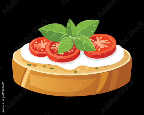 Appetizer toast or bruschetta topped with melted cheese, juicy tomato slices, and fragrant fresh basil leaves for a snack - Vector Illustration