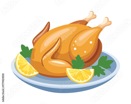 Golden roasted whole chicken served on a platter with bright lemon slices and fresh parsley garnish, ready for a family dinner - Vector Illustration