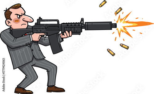 Cartoon businessman in gray pinstripe suit firing automatic rifle, action scene illustration with muzzle flash, bullet casings, dynamic shooting stance, cad drawing flat vector illustration