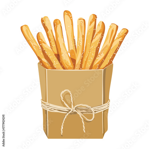Crispy italian breadsticks or Grissini, tied with twine in a simple brown paper bag, ready for serving or snacking - Vector Illustration