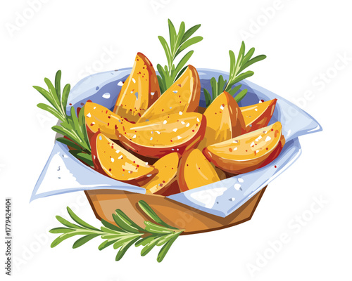 Crispy seasoned potato wedges served in a rustic wicker basket with fresh rosemary sprigs for a savory appetizer - Vector Illustration
