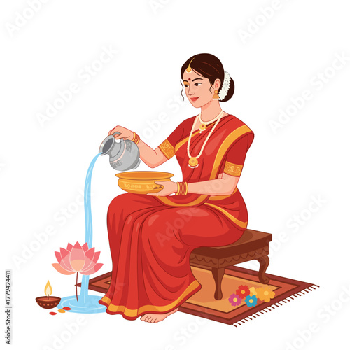 Woman In Red Sari Holding Diya Lamp Eyes Closed In Prayer With Lotus Flower And Water Pouring Into Bowl Peaceful Scene