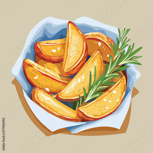 Crispy roasted potato wedges sprinkled with sesame seeds and fresh rosemary, presented in a rustic blue bowl - Vector Illustration