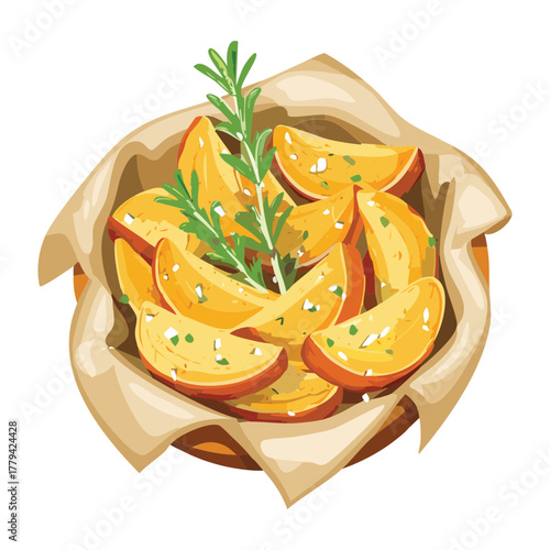 Savory roasted potato wedges dusted with herbs and seasoning, served in parchment paper inside a woven basket - Vector Illustration