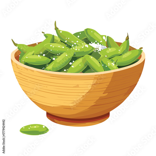 Generous serving of vibrant green edamame beans in the pod, placed in a simple wooden bowl for a nutritious appetizer - Vector Illustration