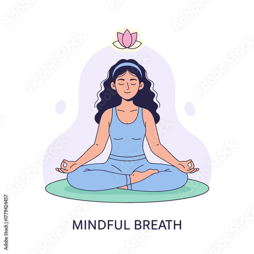 Woman Meditating In Lotus Pose With Eyes Closed And Hands In Gyan Mudra With A Pink Lotus Flower Above Her Head With Subtle Purple Aura