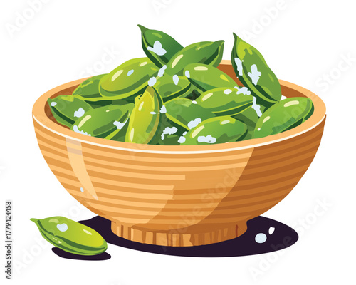 Fresh green edamame in the pod, lightly salted and piled high in a rustic wooden bowl, ready for a healthy snack - Vector Illustration