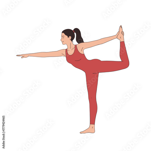 Woman Performing Natarajasana Yoga Pose in a Red Jumpsuit Against a Black Background with Subtle Lighting Highlighting Her Form and Balance