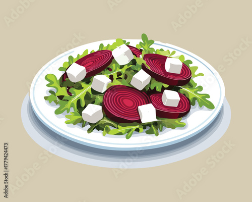 Simple and fresh beet and feta cheese salad with arugula, served on a round white plate for a light meal - Vector Illustration