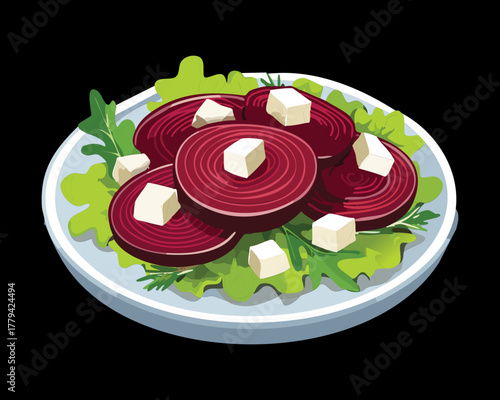 Vibrant fresh salad with sliced red beets, white feta cheese, and green lettuce, served on a white plate - Vector Illustration